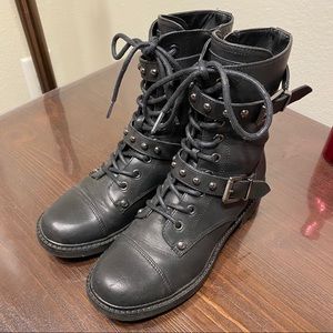 G BY GUESS Black Combat Boots Buckles Zippers Lace
